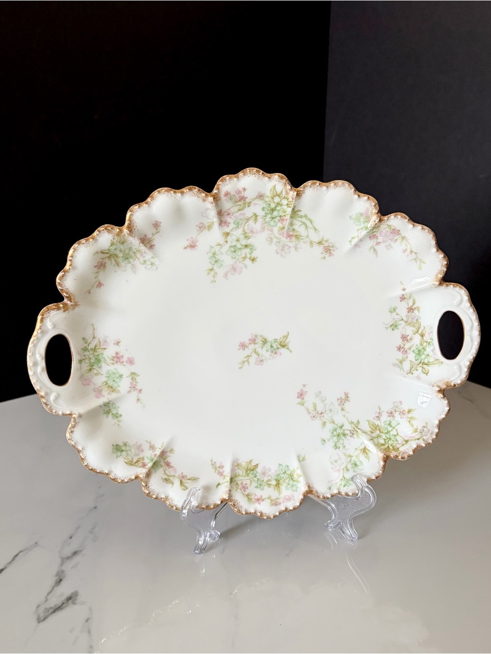11" Serving Platter with Handles - Green Floral with Gold - Haviland Limoges